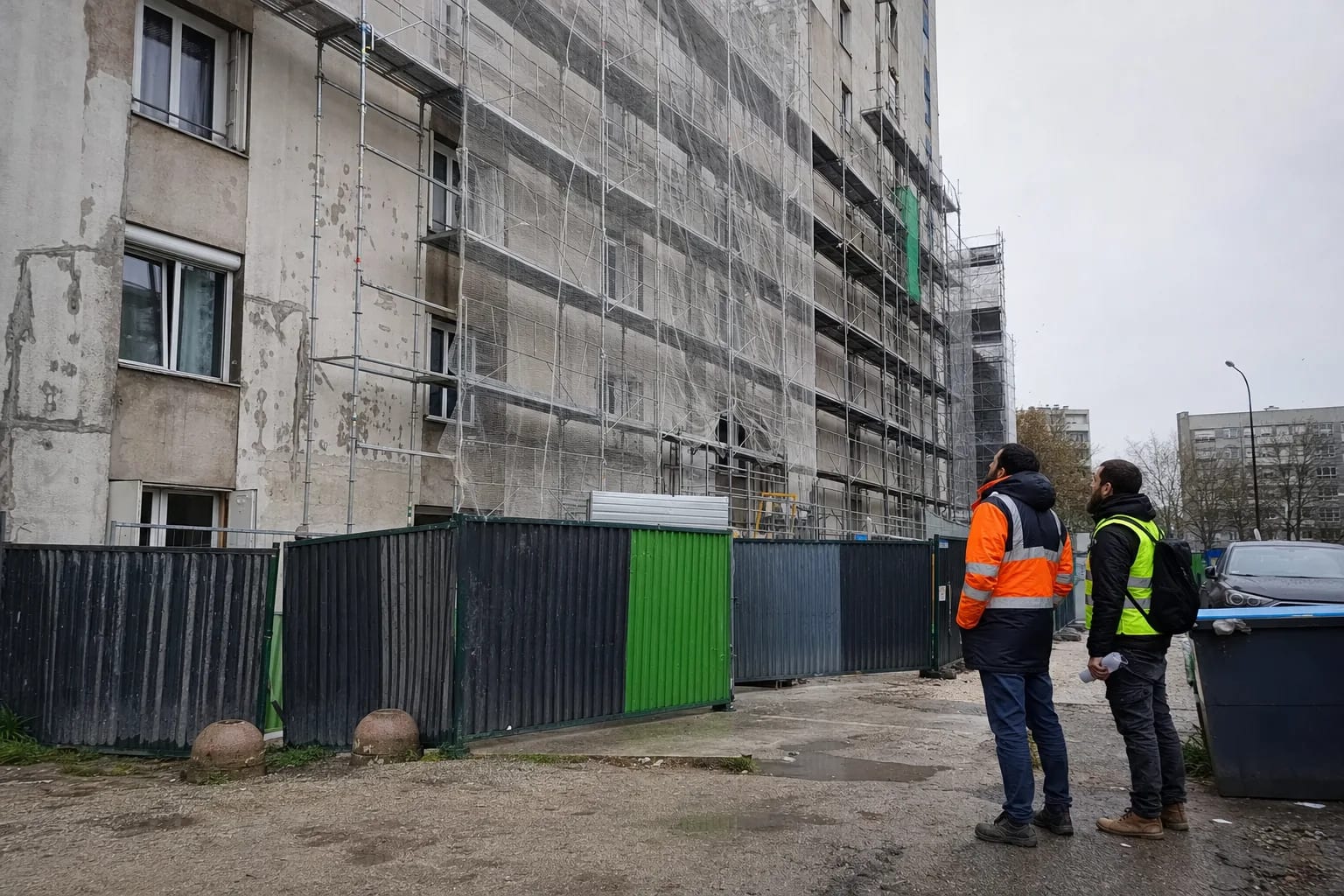 Expert bâtiment et responsable technique inspectant la façade d'une résidence en réhabilitation